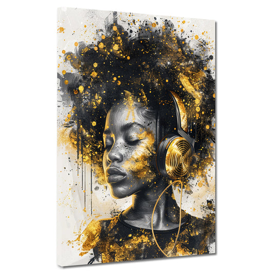 Afrikanische Frau mit goldenen Akzenten und Kopfhörern Wandbild Kunstwerk