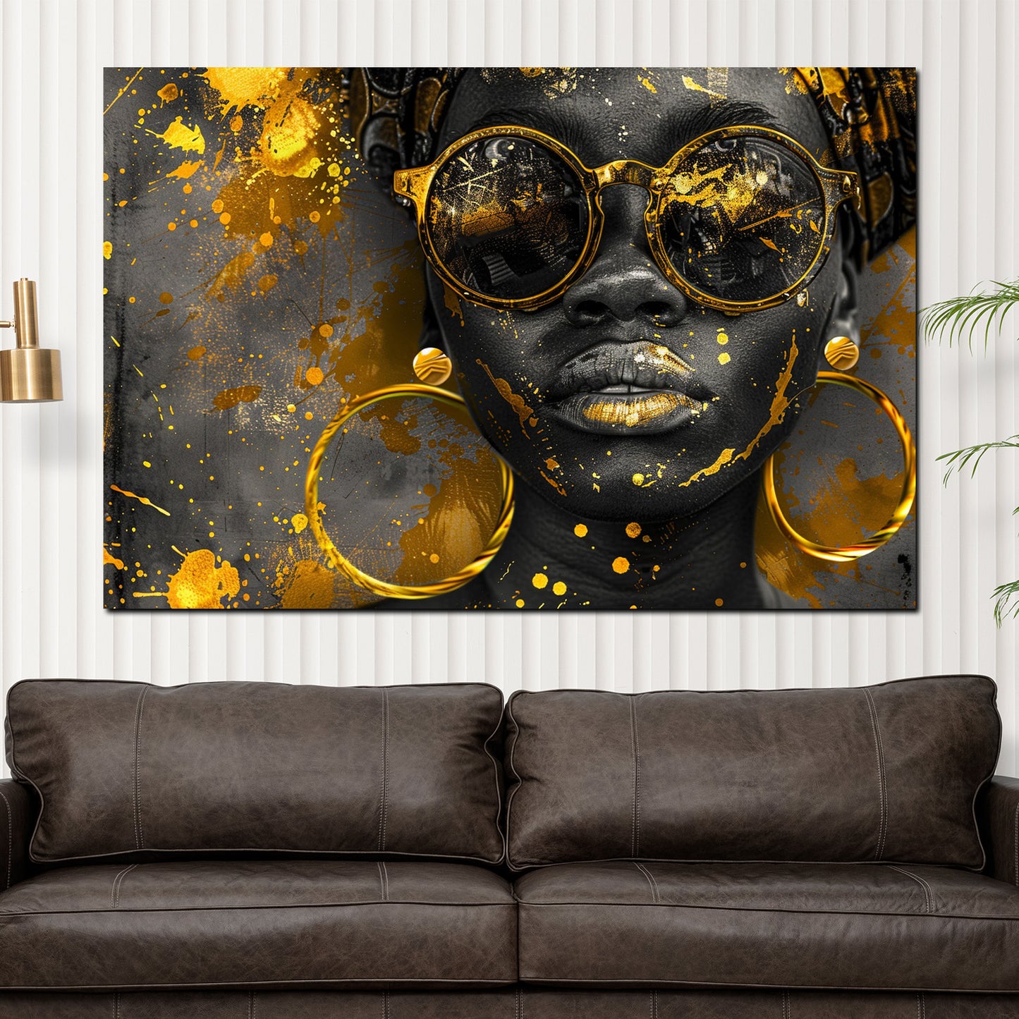 Afrikanische Frau mit goldener Brille und Ohrringen modern Wandbild Kunstwerk