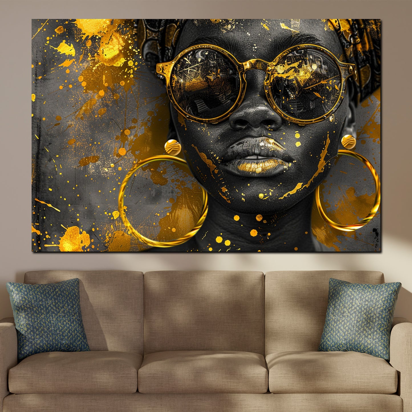 Afrikanische Frau mit goldener Brille und Ohrringen modern Wandbild Kunstwerk