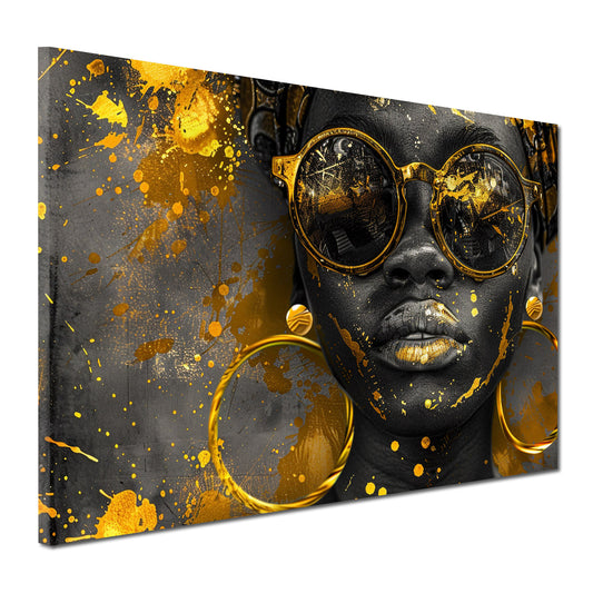 Afrikanische Frau mit goldener Brille und Ohrringen modern Wandbild Kunstwerk