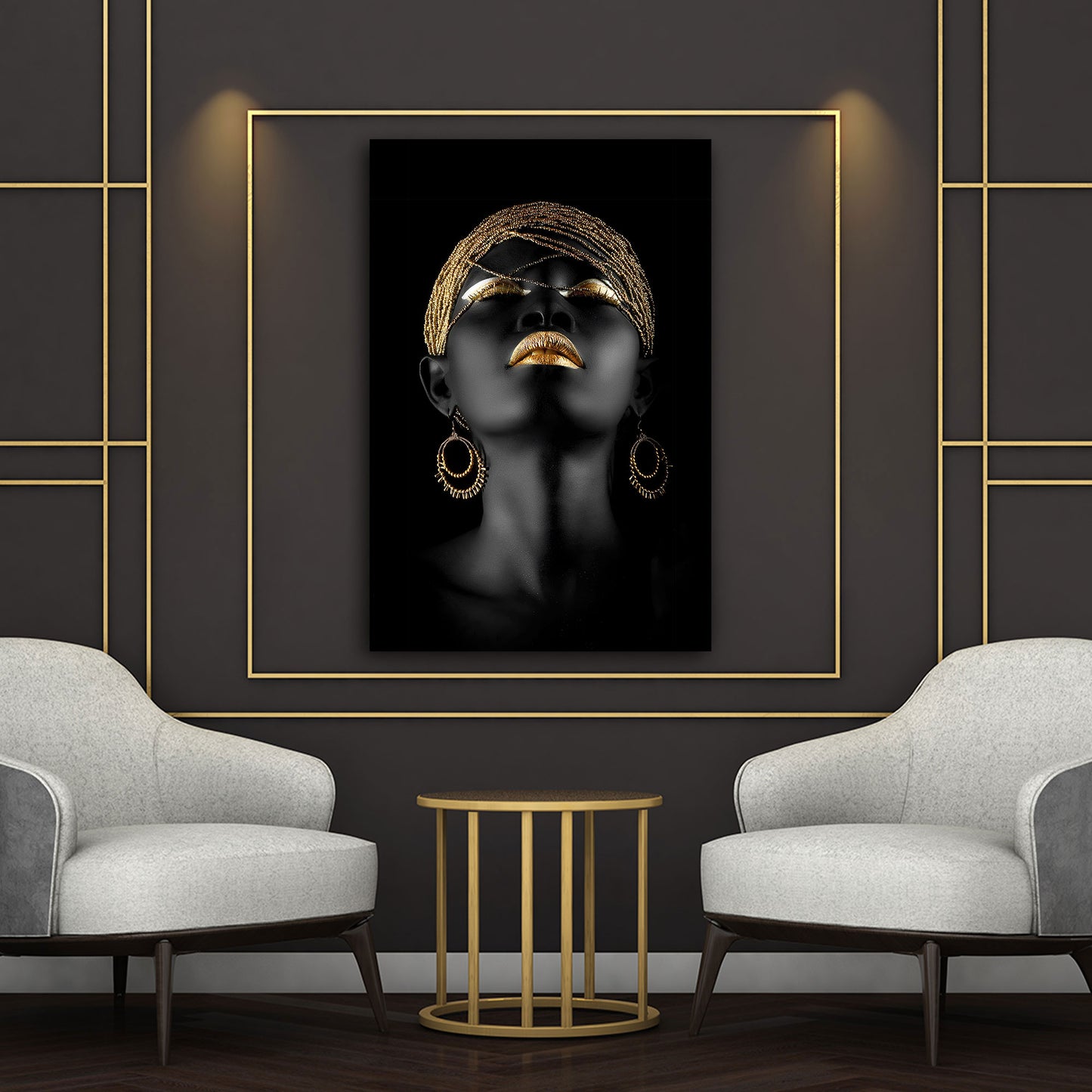 Afrikanische Frau mit goldener Eleganz und modernem Stil Wandbild Kunstwerk