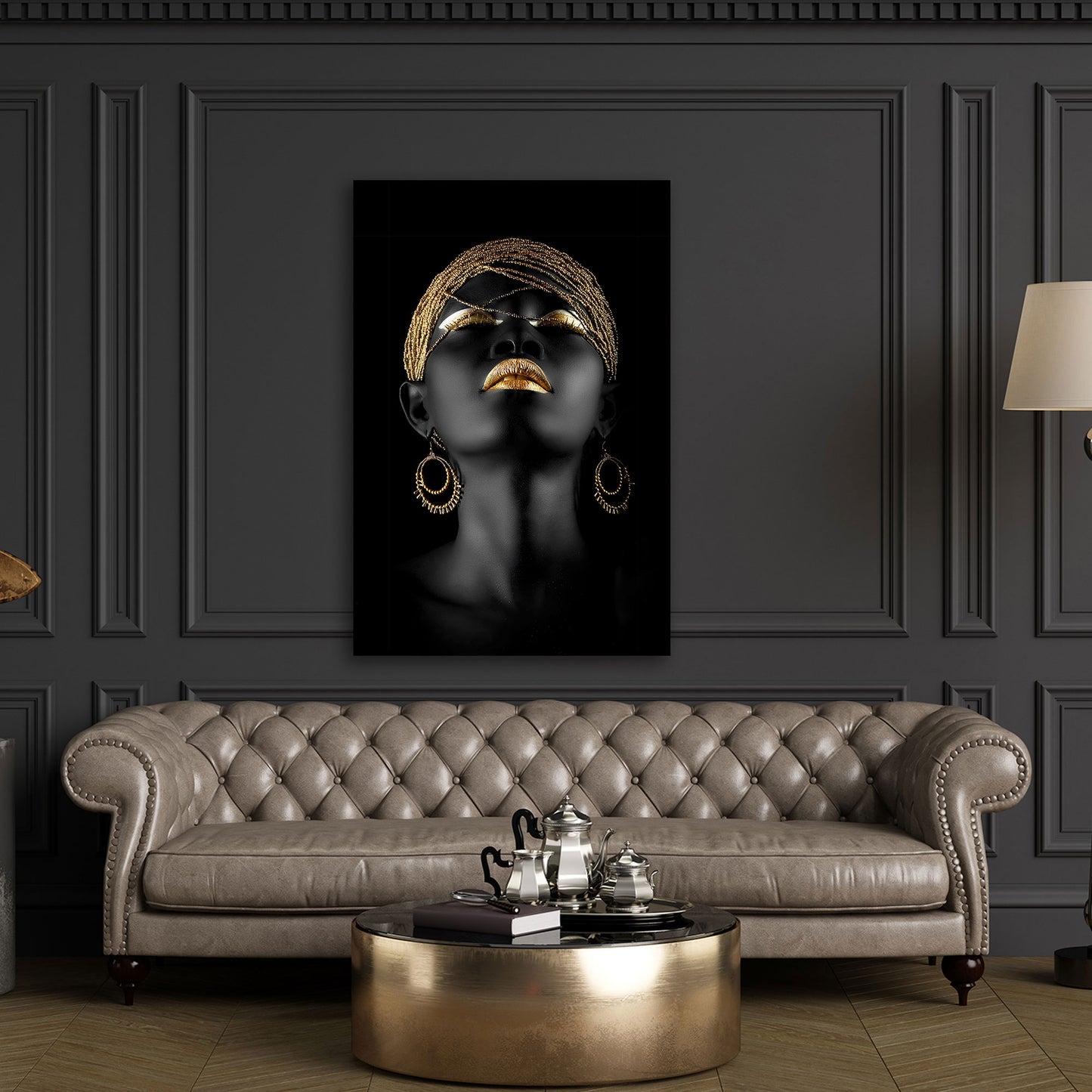 Afrikanische Frau mit goldener Eleganz und modernem Stil Wandbild Kunstwerk