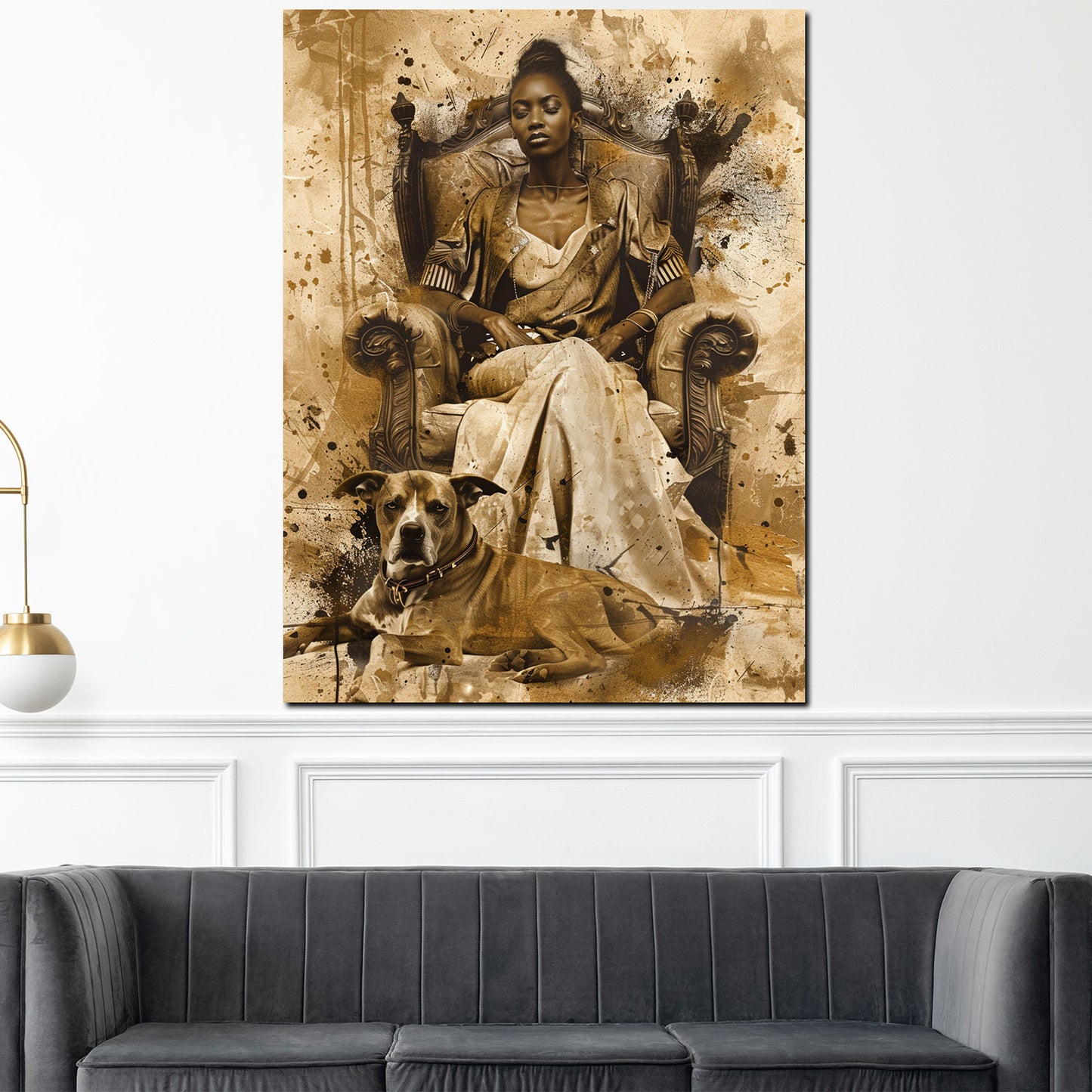 Afrikanische Königin mit Hund im Vintage Design Wandbild Kunstwerk