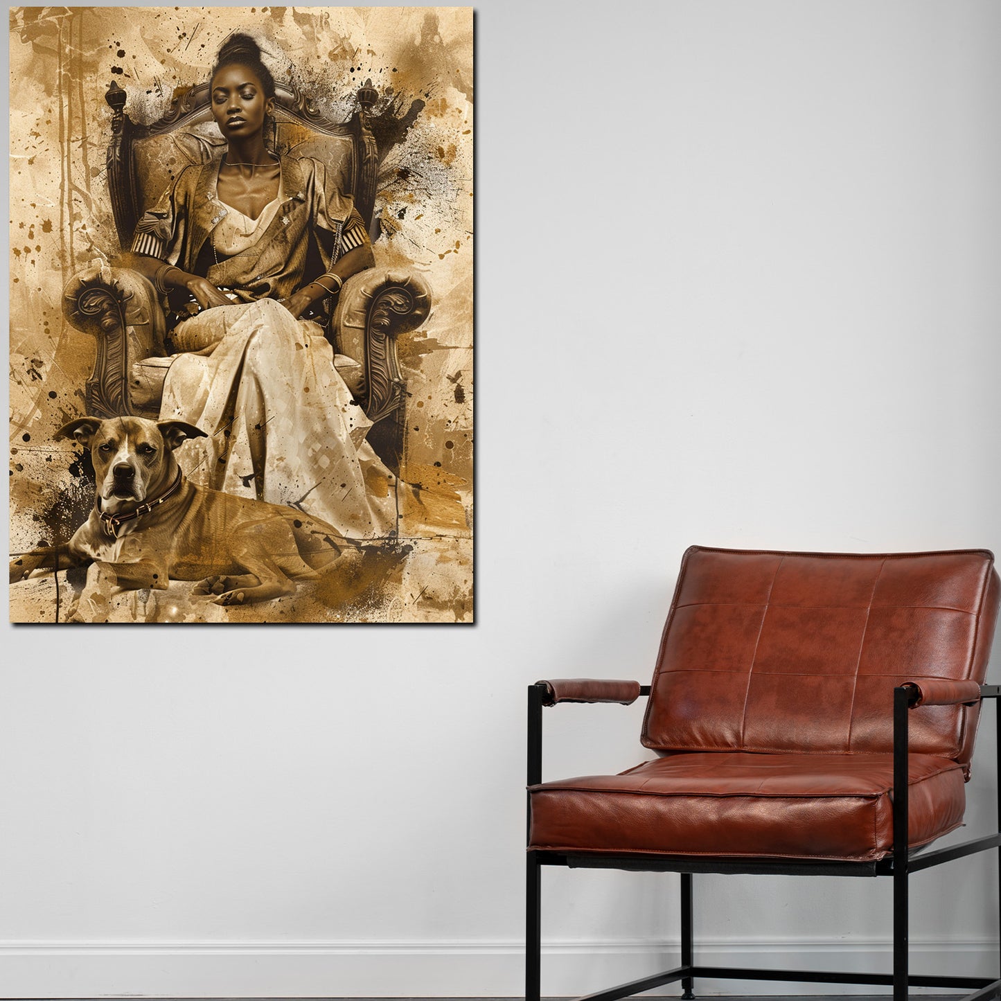 Afrikanische Königin mit Hund im Vintage Design Wandbild Kunstwerk