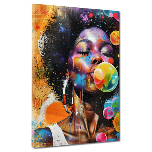 Afroamerikanische Frau Kaugummi Pop Art farbenfroh Wandbild Kunstwerk