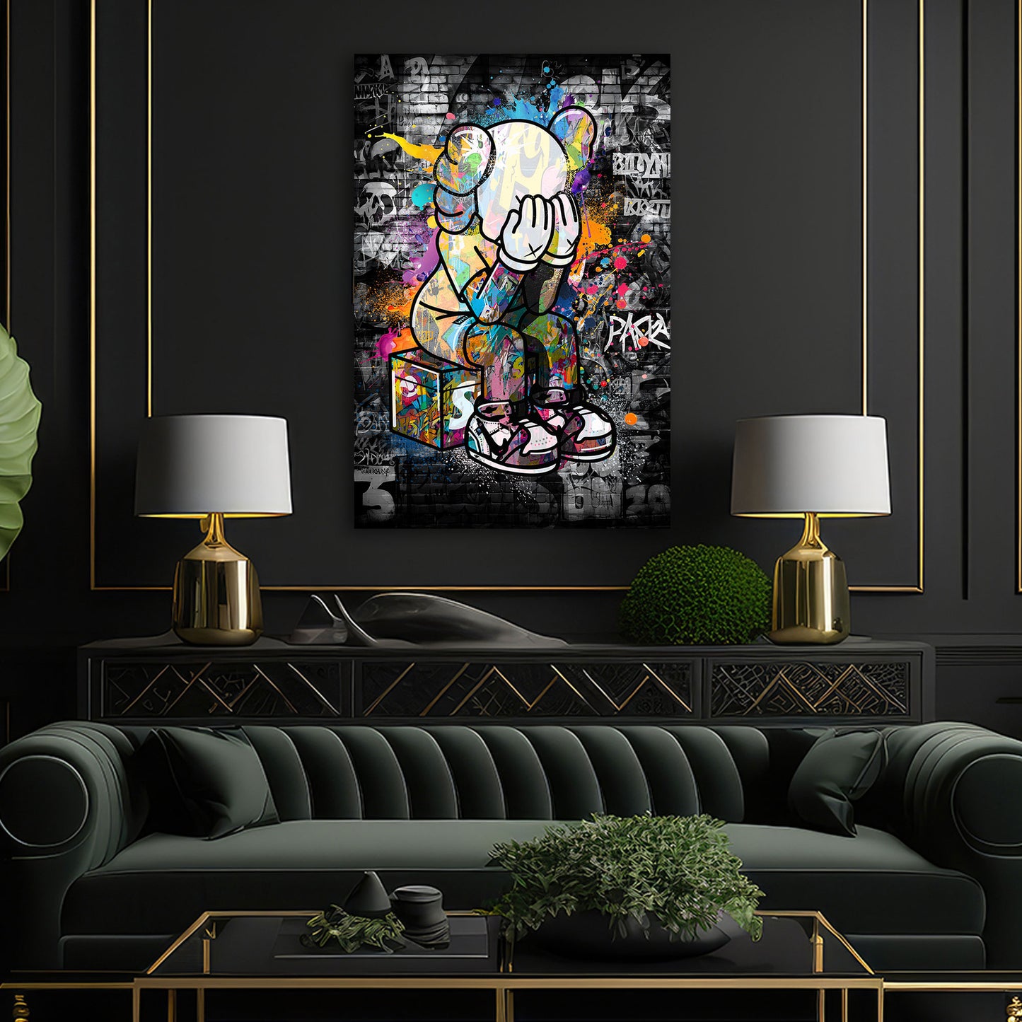Bunte Figur im Graffiti Pop Art Stil vor Ziegelwand Wandbild Kunstwerk