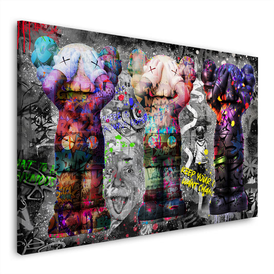 Bunte Figuren im Graffiti Pop Art Stil Wandbild Kunstwerk