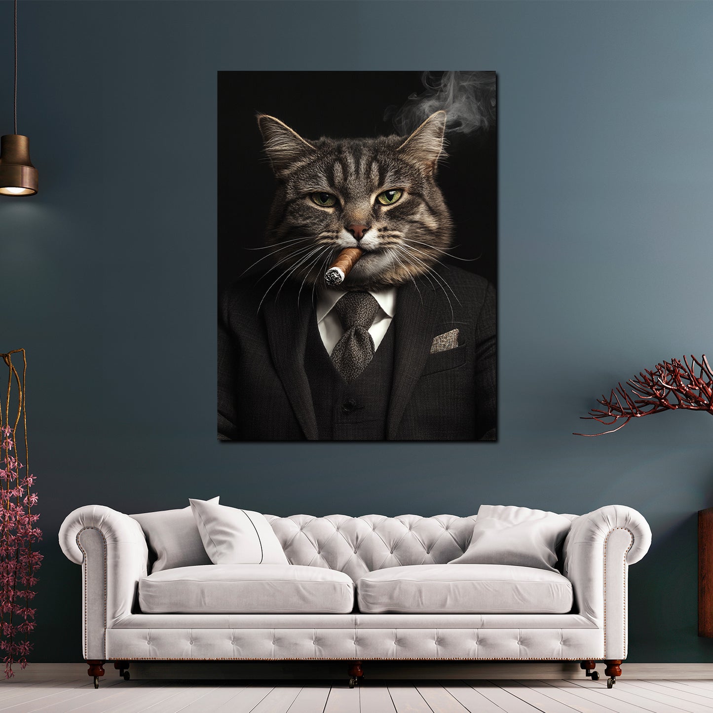Charismatische Katze Anzug rauchend Anführer modern Wandbild Kunstwerk