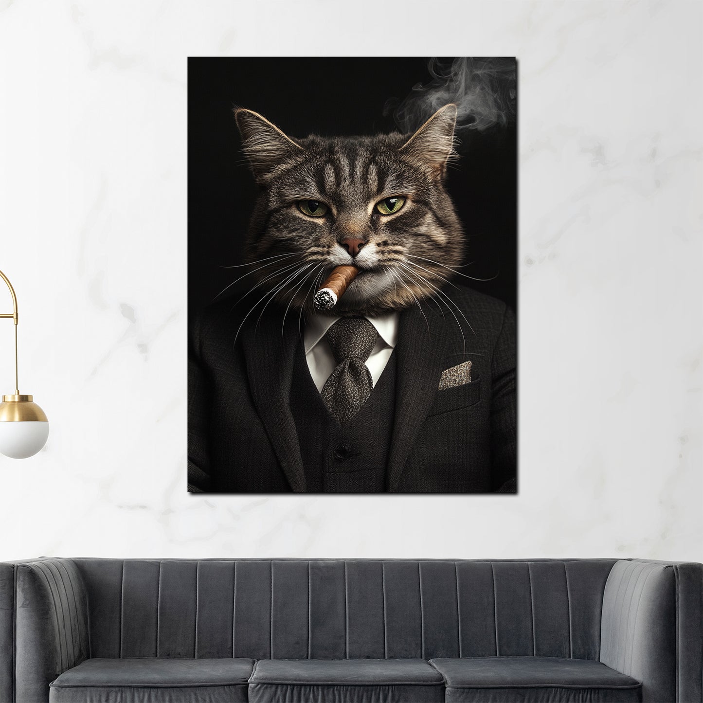 Charismatische Katze Anzug rauchend Anführer modern Wandbild Kunstwerk