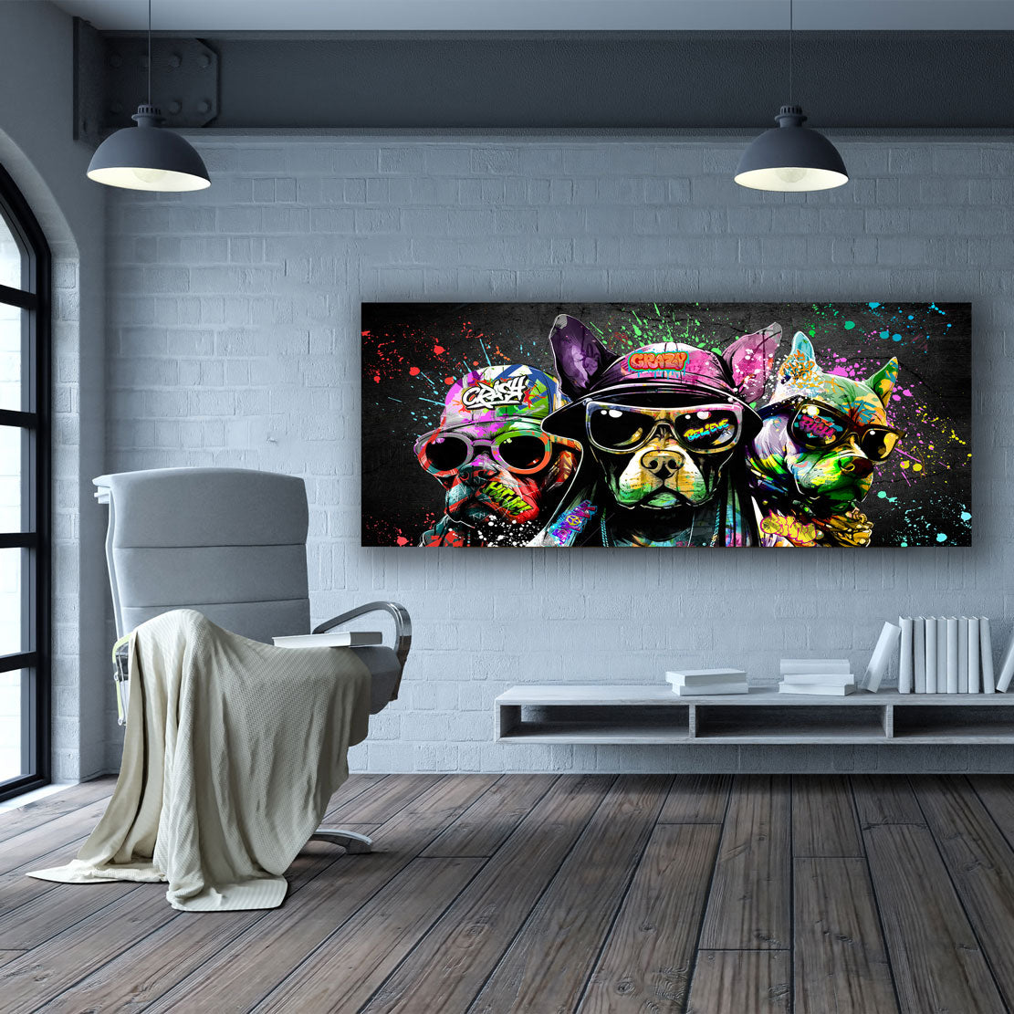 Coole Hunde mit Sonnenbrillen in Graffiti Style Wandbild Kunstwerk