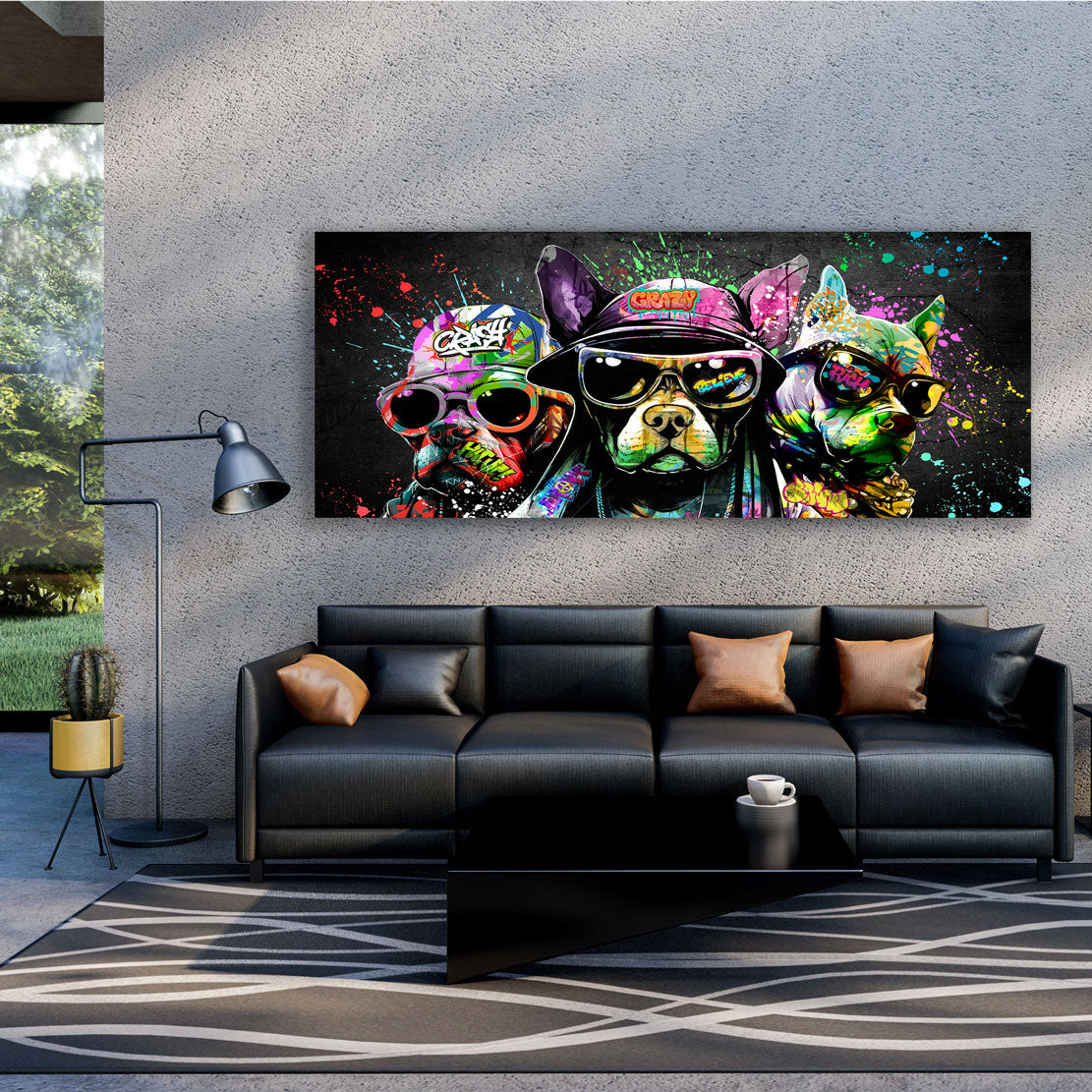 Coole Hunde mit Sonnenbrillen in Graffiti Style Wandbild Kunstwerk