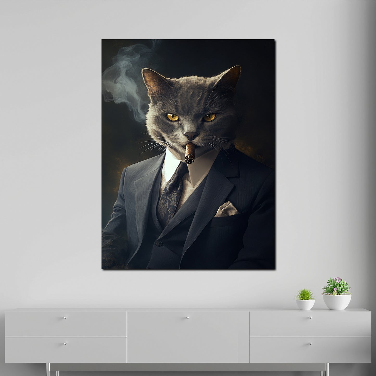 Elegante Katze mit Anzug rauchend Autorität Erfolg Stil modern Wandbild Kunstwerk