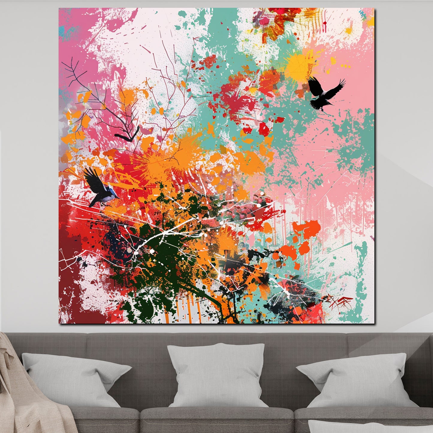 Farbenfroh mit fliegenden Vögeln Wandbild Kunstwerk