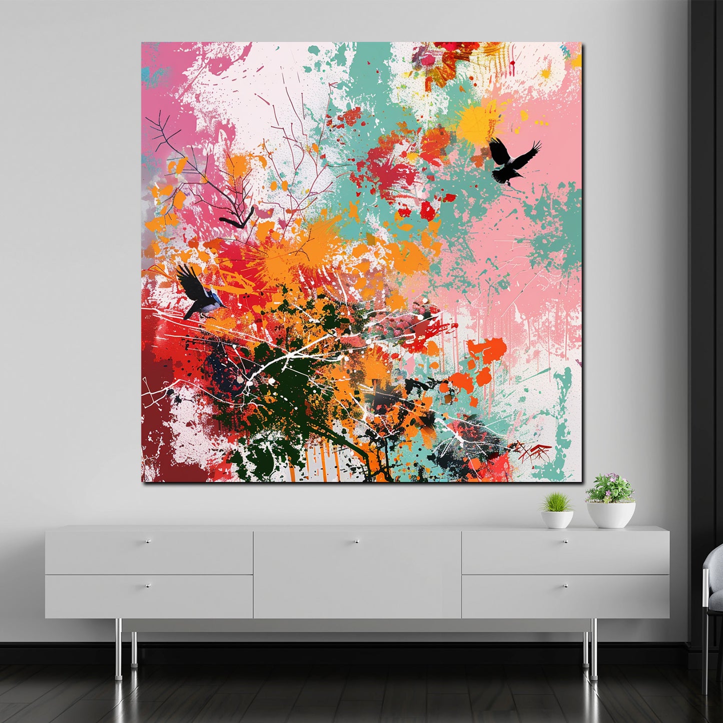 Farbenfroh mit fliegenden Vögeln Wandbild Kunstwerk
