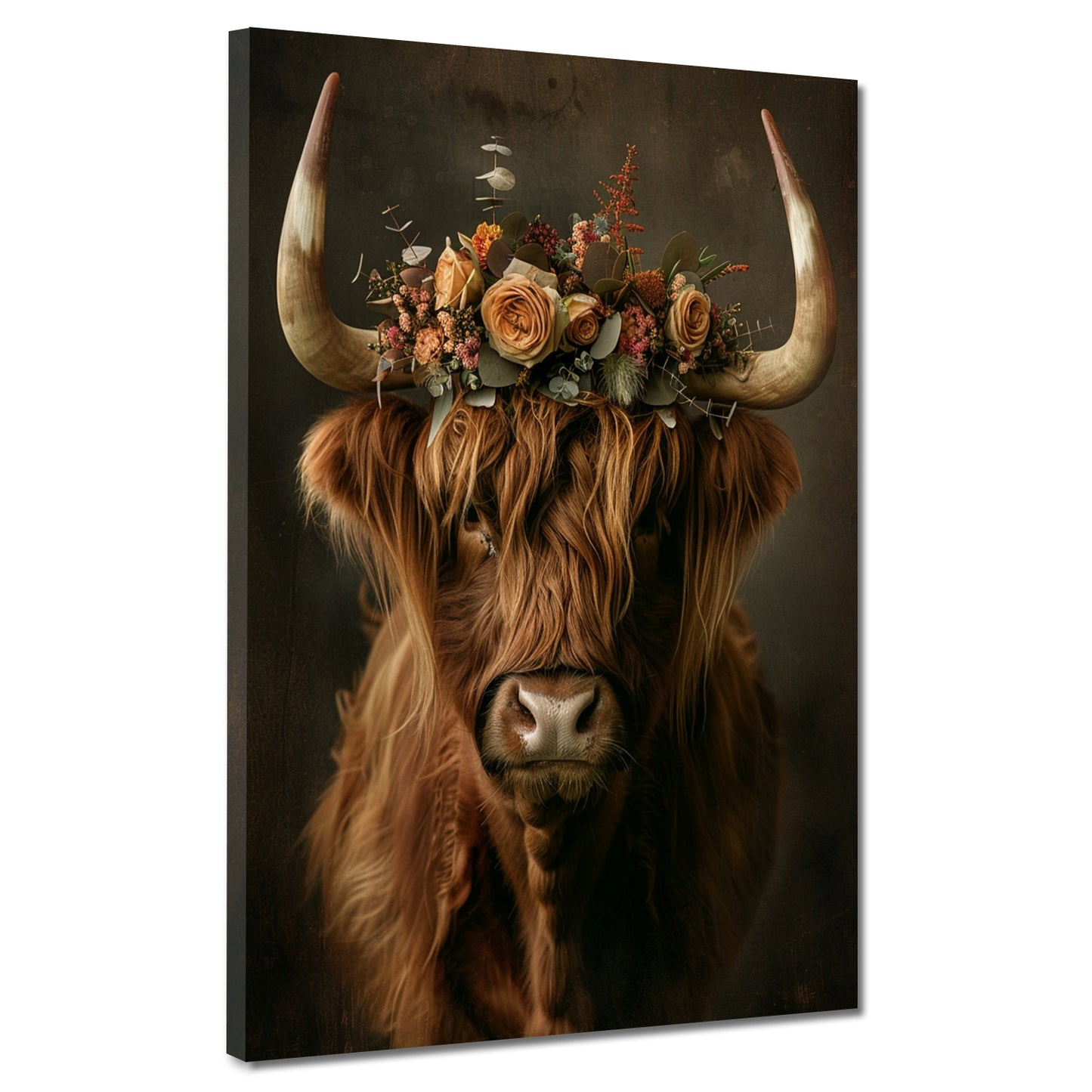 Wandbild Kunstwerk florale Hochlandkuh Natur Boho Stil dekorativ