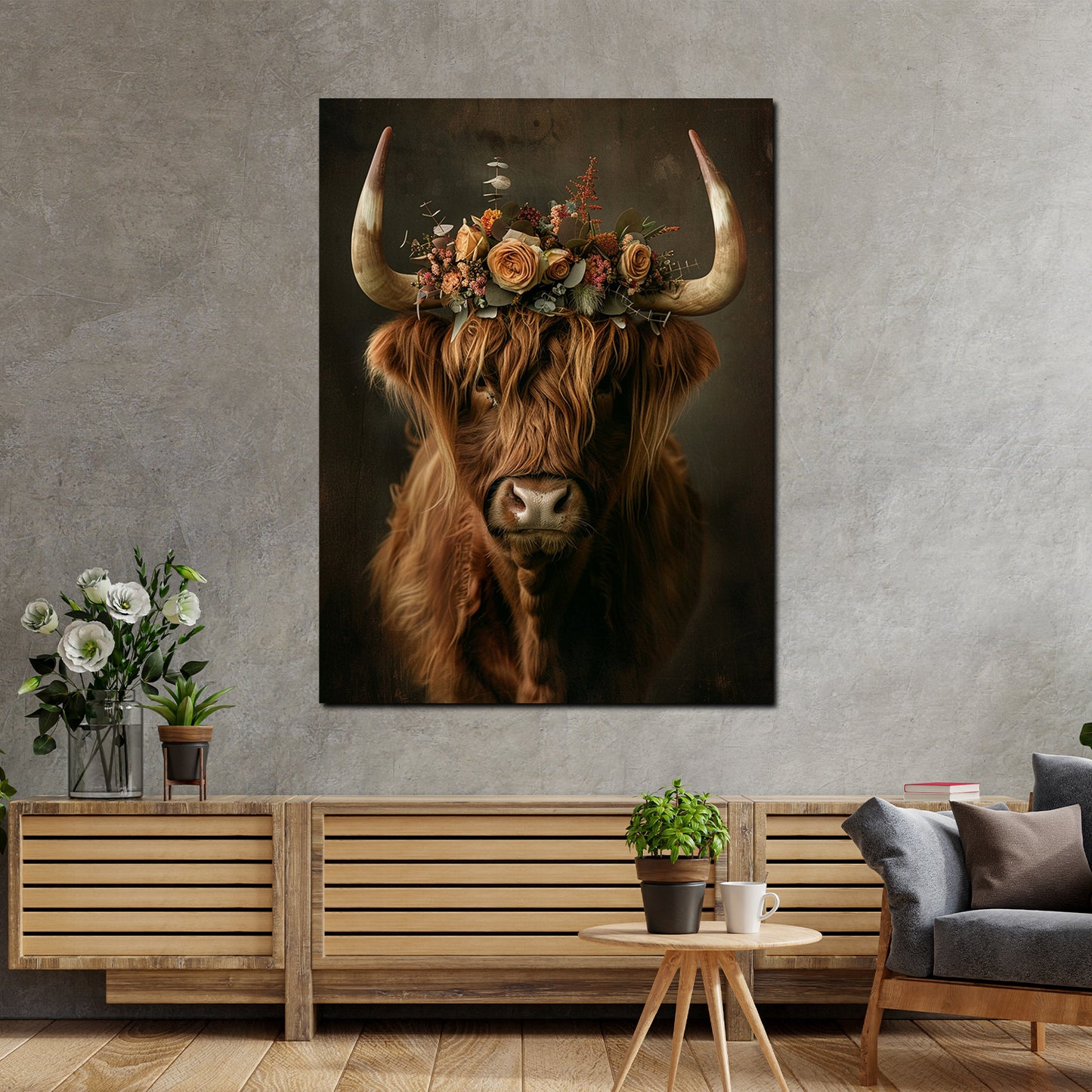 Wandbild Kunstwerk florale Hochlandkuh Natur Boho Stil dekorativ