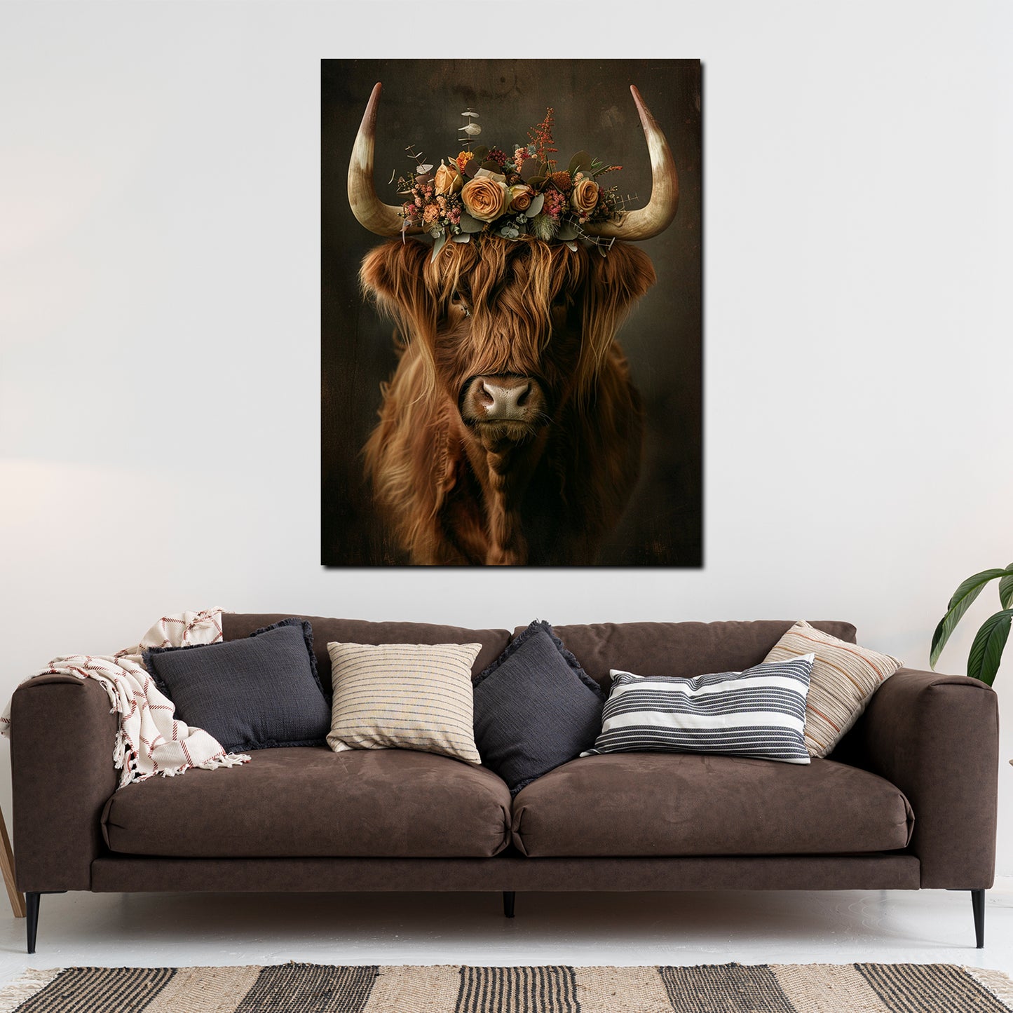 Wandbild Kunstwerk florale Hochlandkuh Natur Boho Stil dekorativ