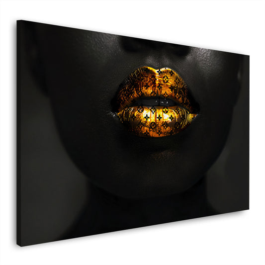 Glamouröse Lippen in Goldoptik Luxus Style Wandbild Kunstwerk