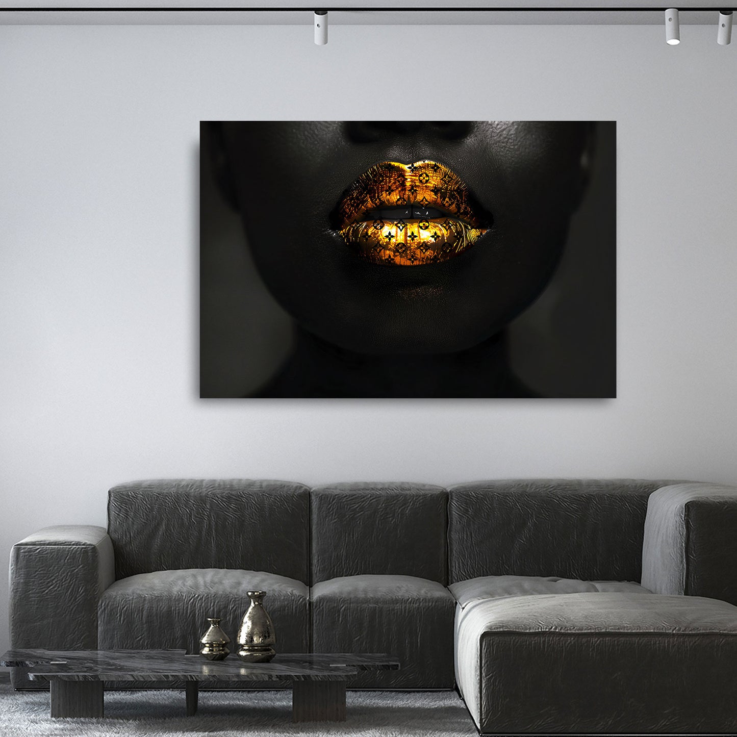 Glamouröse Lippen in Goldoptik Luxus Style Wandbild Kunstwerk