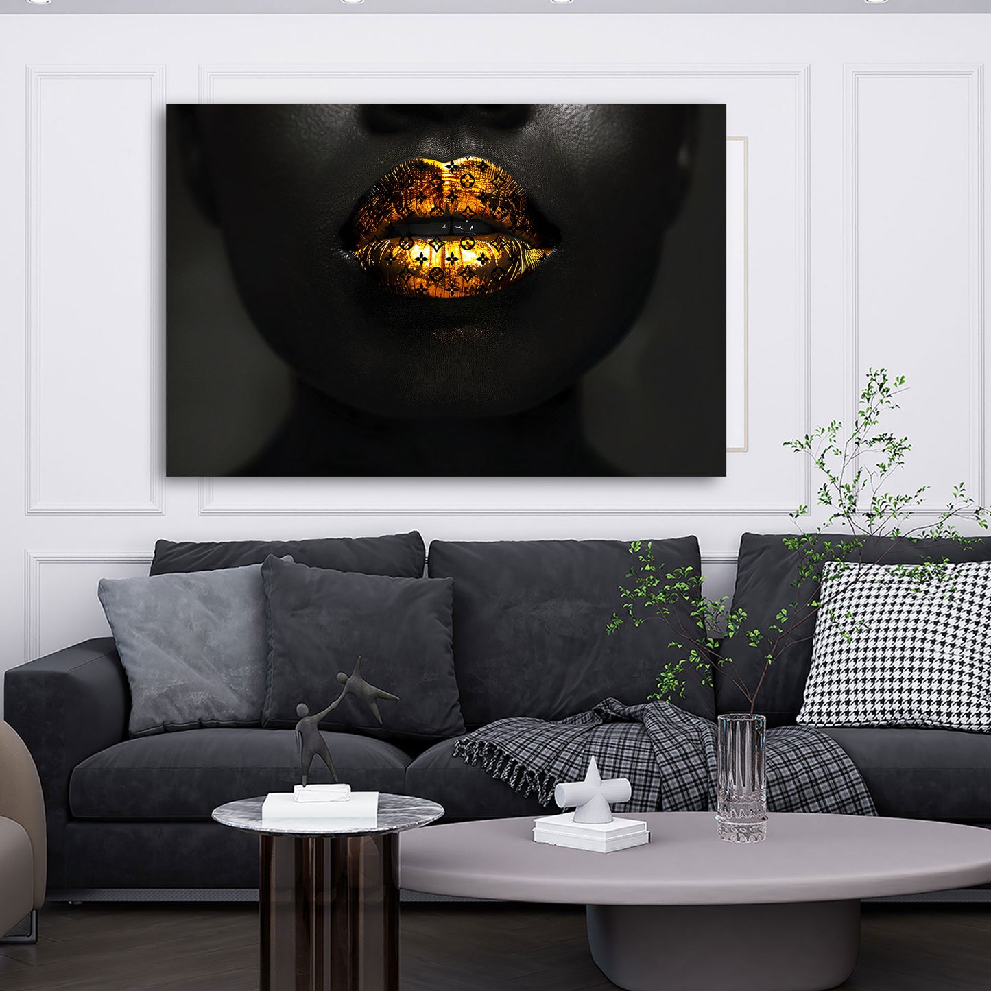 Glamouröse Lippen in Goldoptik Luxus Style Wandbild Kunstwerk