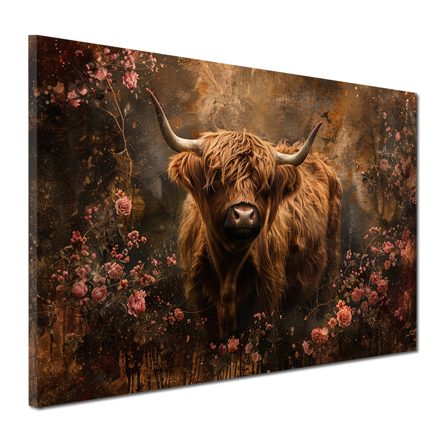 Wandbild Kunstwerk Kuh in Blüten romantisch Landhausstil warm