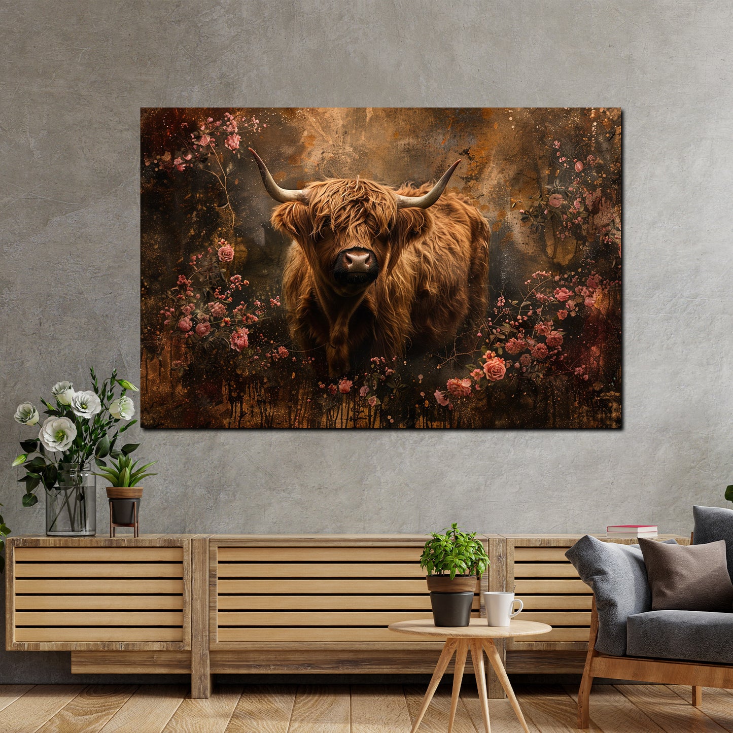 Wandbild Kunstwerk Kuh in Blüten romantisch Landhausstil warm