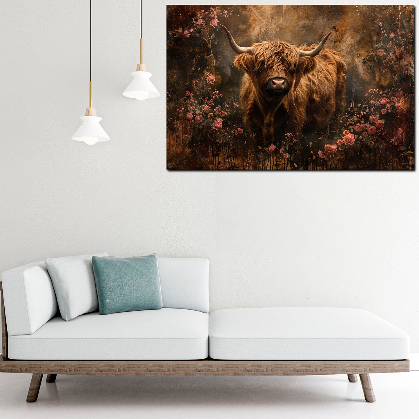 Wandbild Kunstwerk Kuh in Blüten romantisch Landhausstil warm