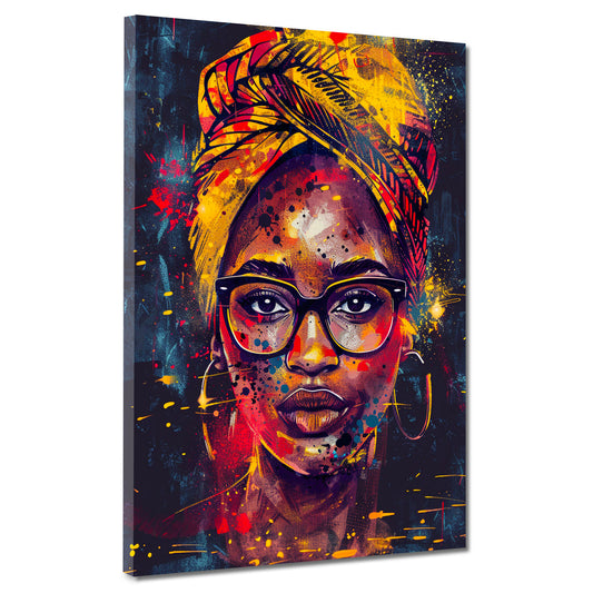 Moderne afrikanische Frau mit leuchtendem Kopftuch Pop Art Wandbild Kunstwerk