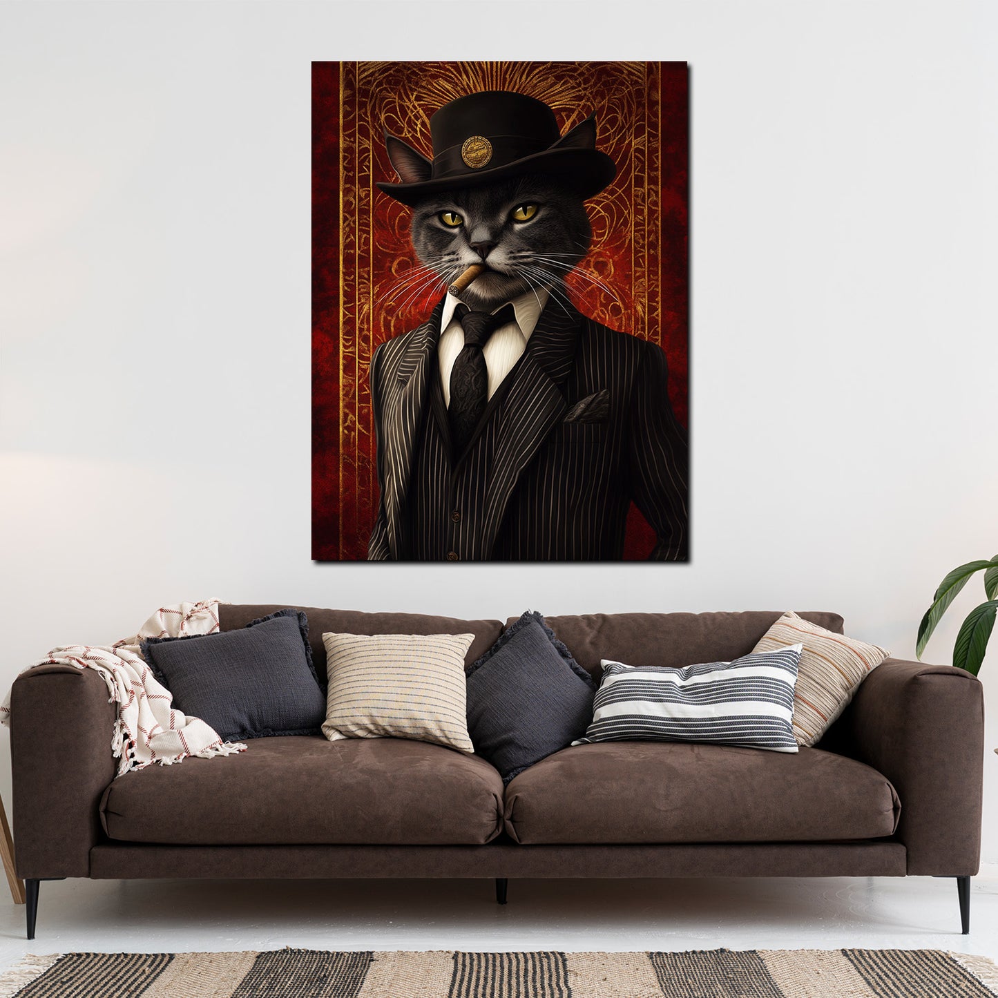 Schwarze Katze Anzug Zigarre Hut Eleganz Vintage modern Wandbild Kunstwerk