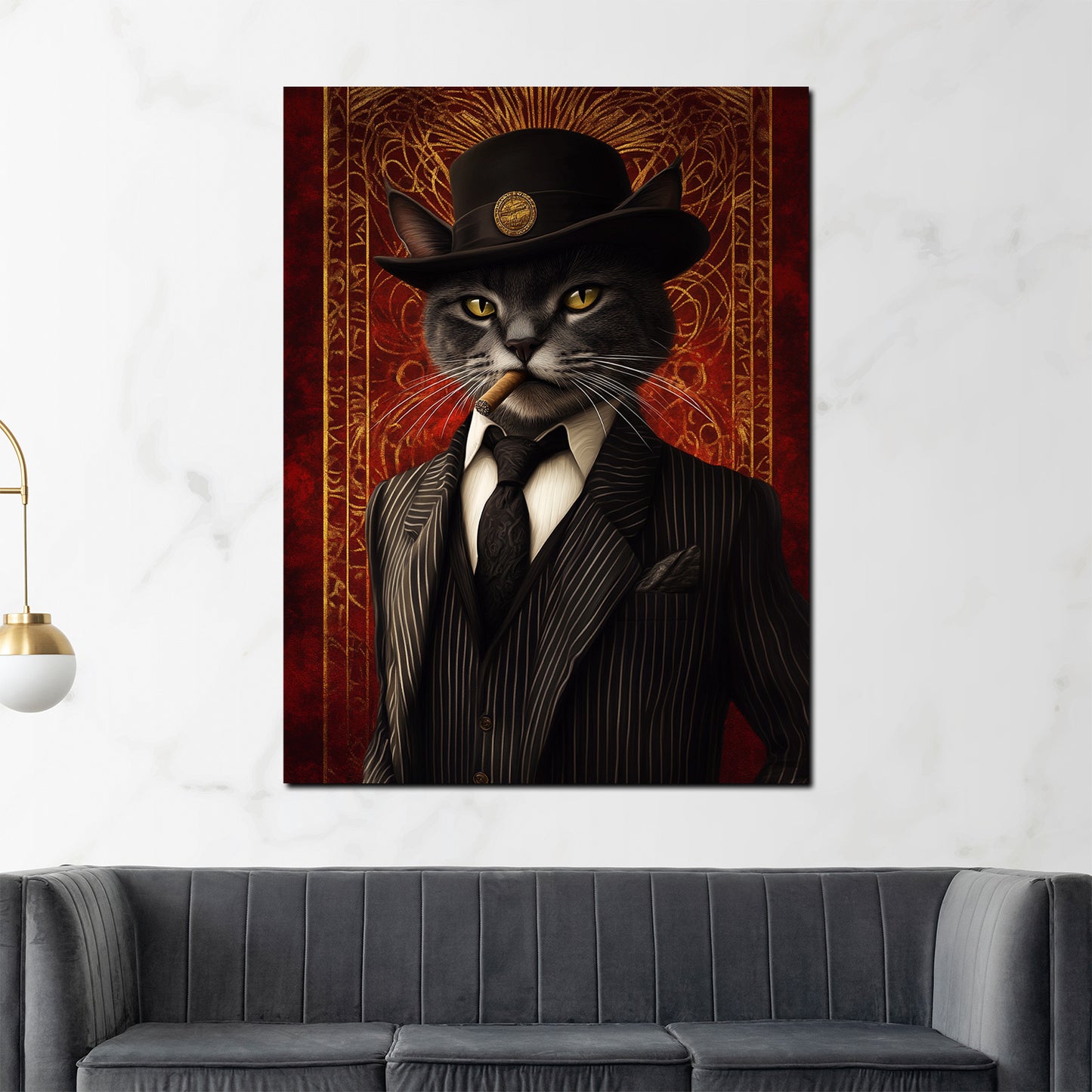 Schwarze Katze Anzug Zigarre Hut Eleganz Vintage modern Wandbild Kunstwerk