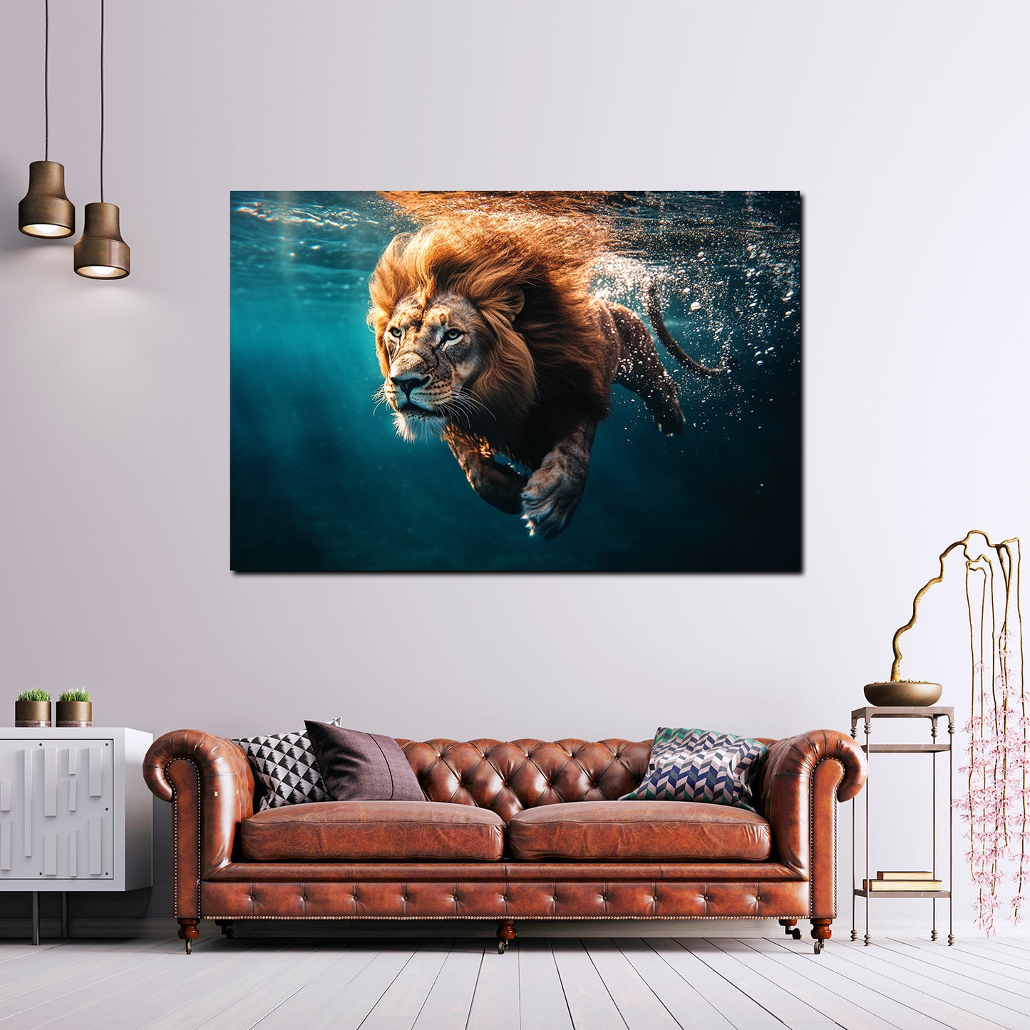 Wandbild Kunstwerk schwimmender Löwe Kraft Wasser Wildnis