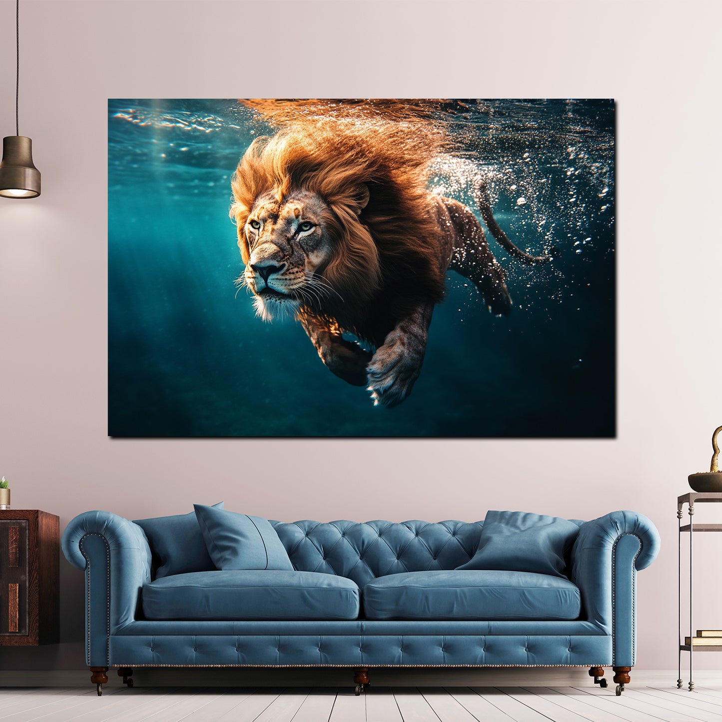 Wandbild Kunstwerk schwimmender Löwe Kraft Wasser Wildnis