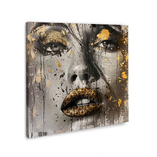 Glamour Portrait mit Goldoptik Lippen Wandbild Kunstwerk