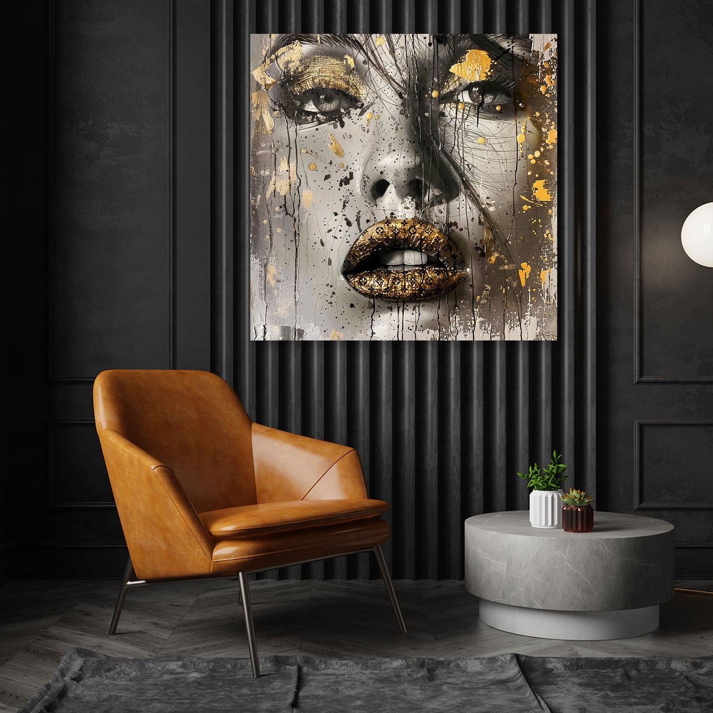 Glamour Portrait mit Goldoptik Lippen Wandbild Kunstwerk