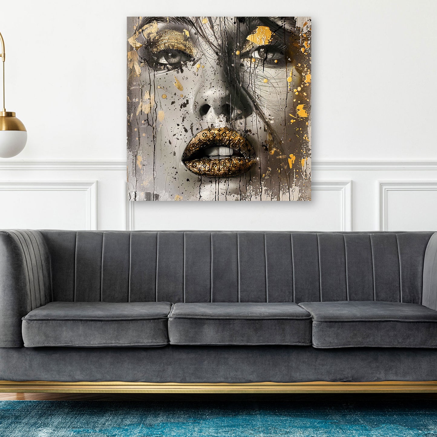 Glamour Portrait mit Goldoptik Lippen Wandbild Kunstwerk