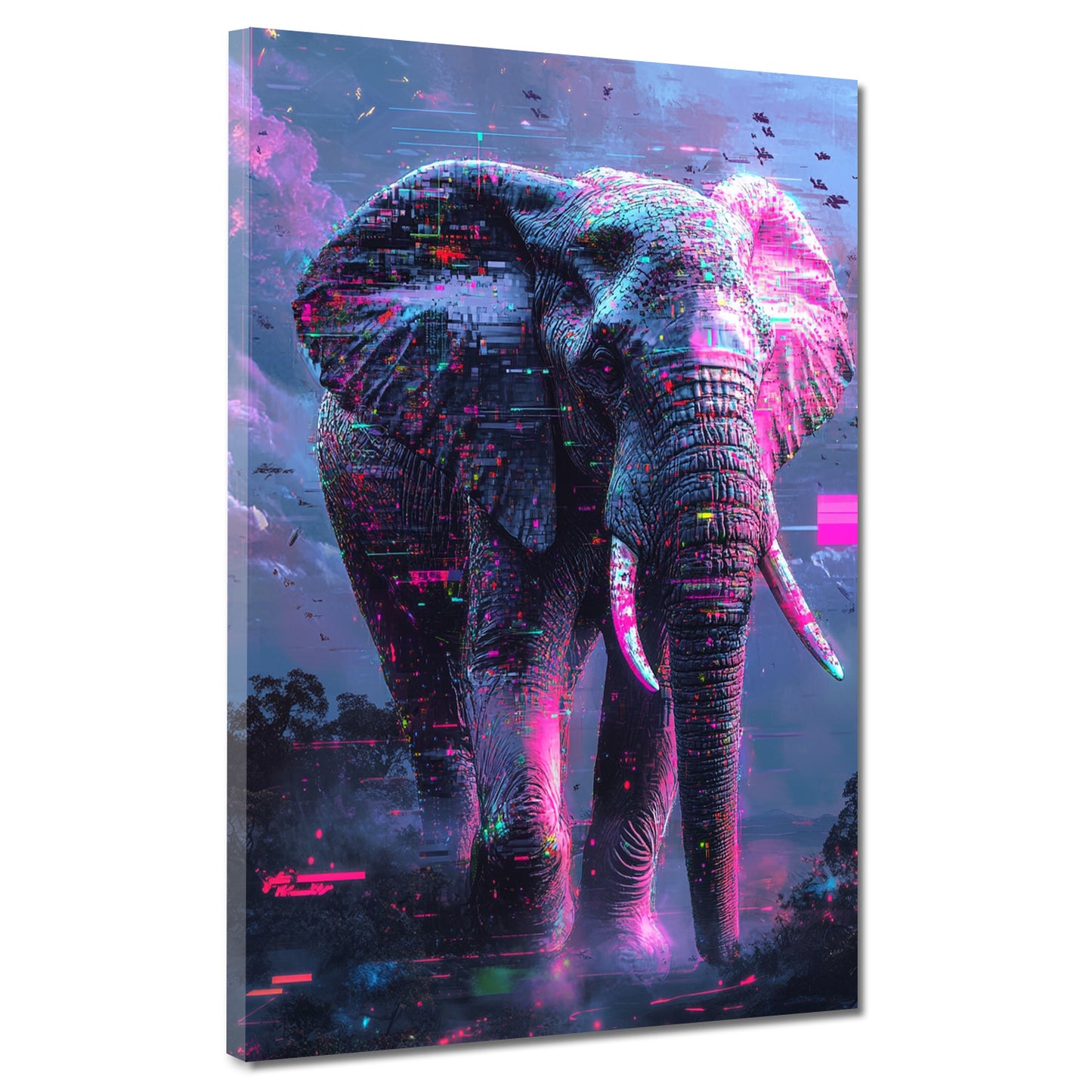 Wandbild abstrakt Elefant mit futuristischen Lichteffekten und Neon Farben