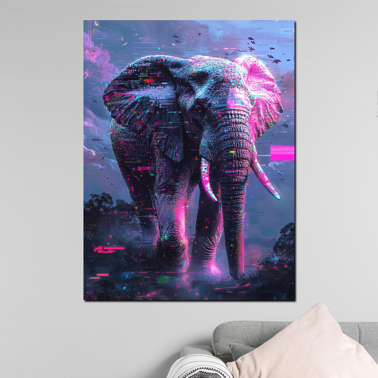 Wandbild abstrakt Elefant mit futuristischen Lichteffekten und Neon Farben