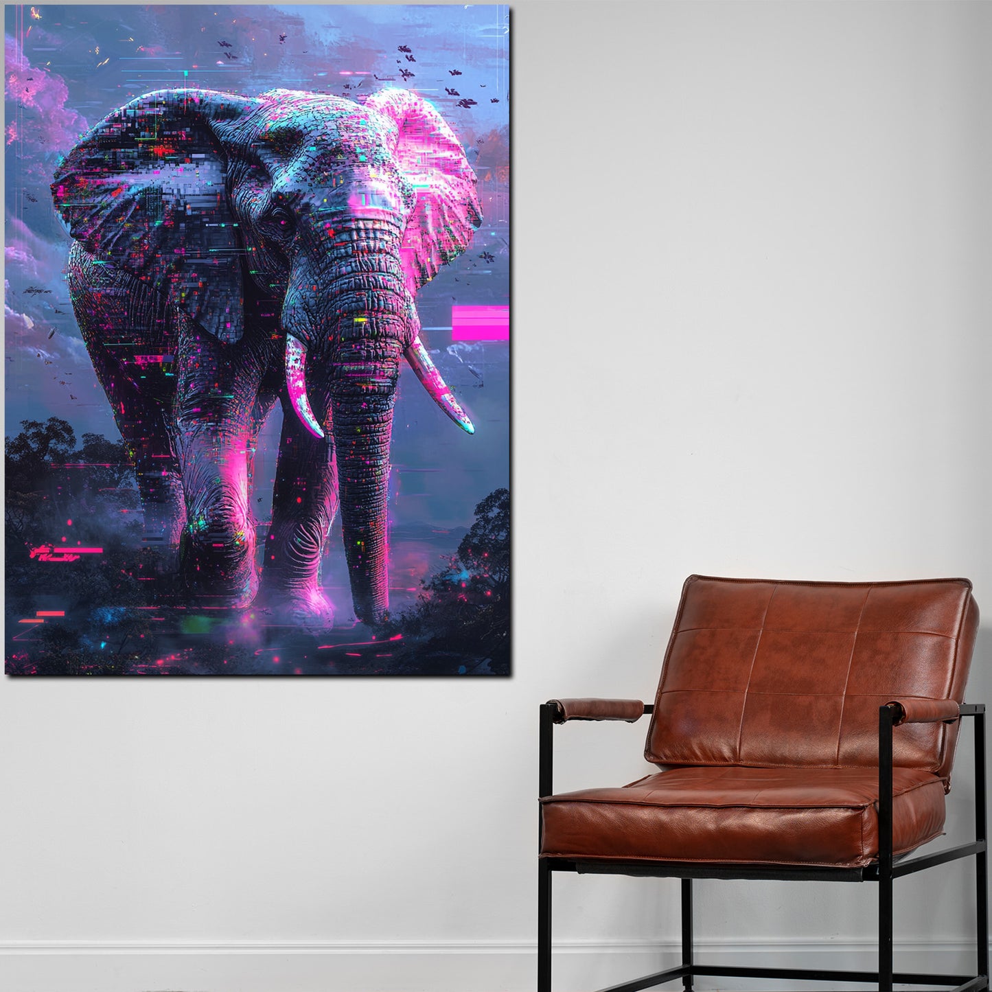 Wandbild abstrakt Elefant mit futuristischen Lichteffekten und Neon Farben
