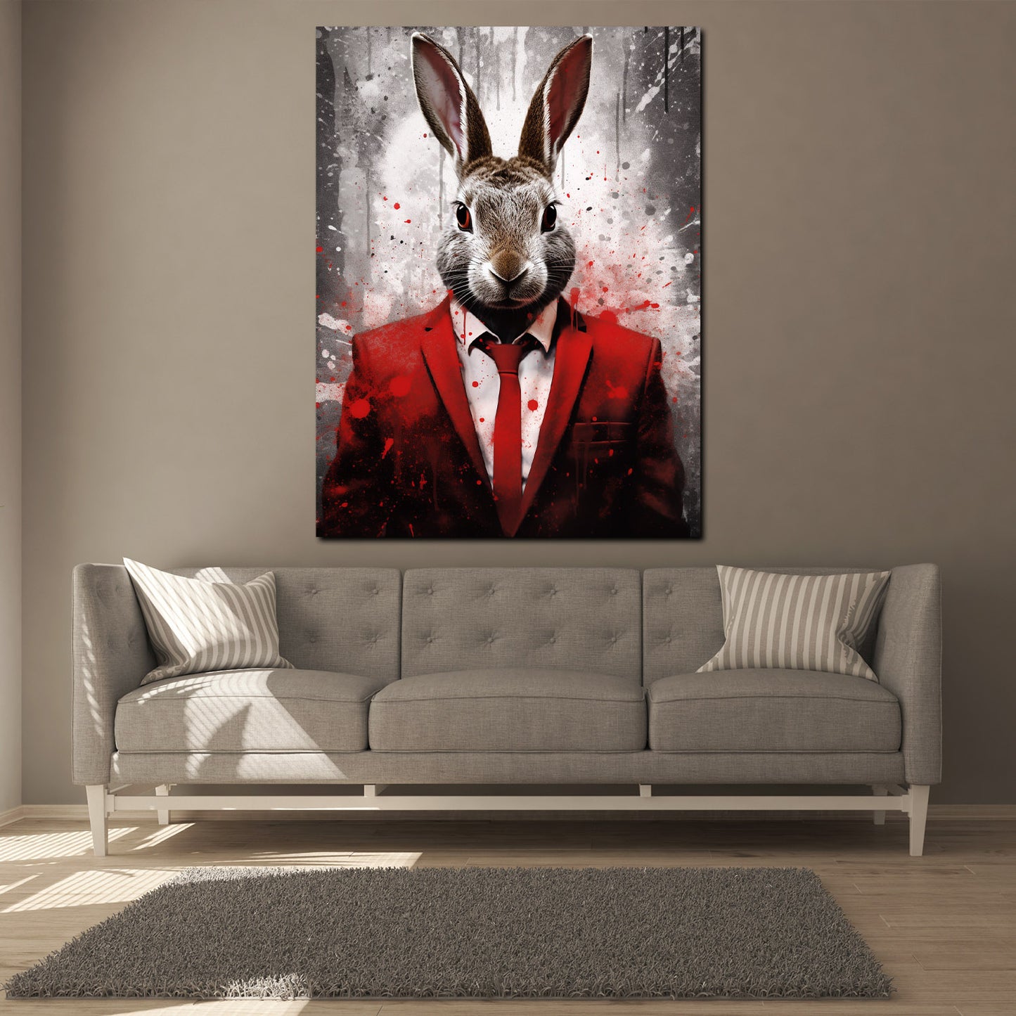 Abstrakt Hase im roten Anzug Pop Art Splash Wandbild Kunstwerk