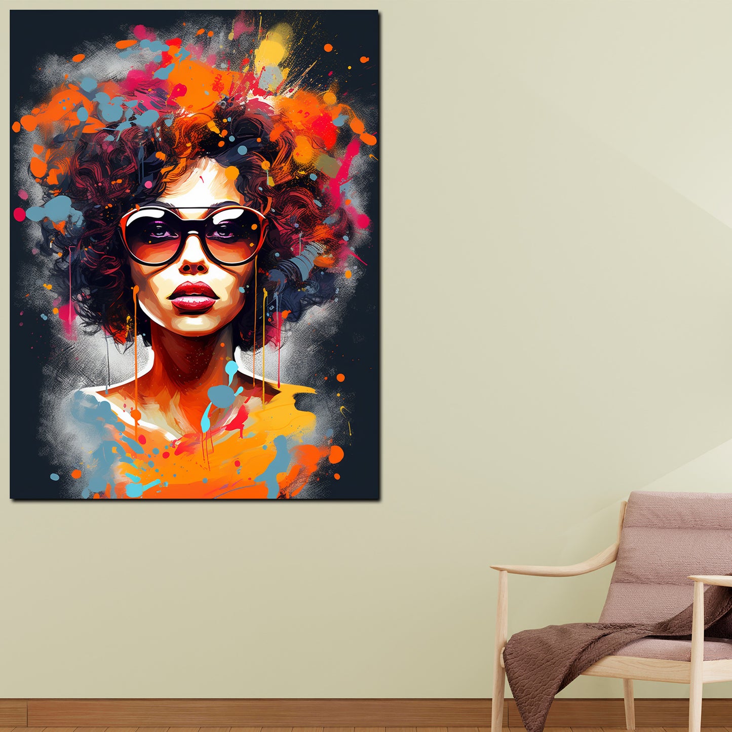Afrikanische Frau mit Locken und Sonnenbrille Colour Style Wandbild Kunstwerk