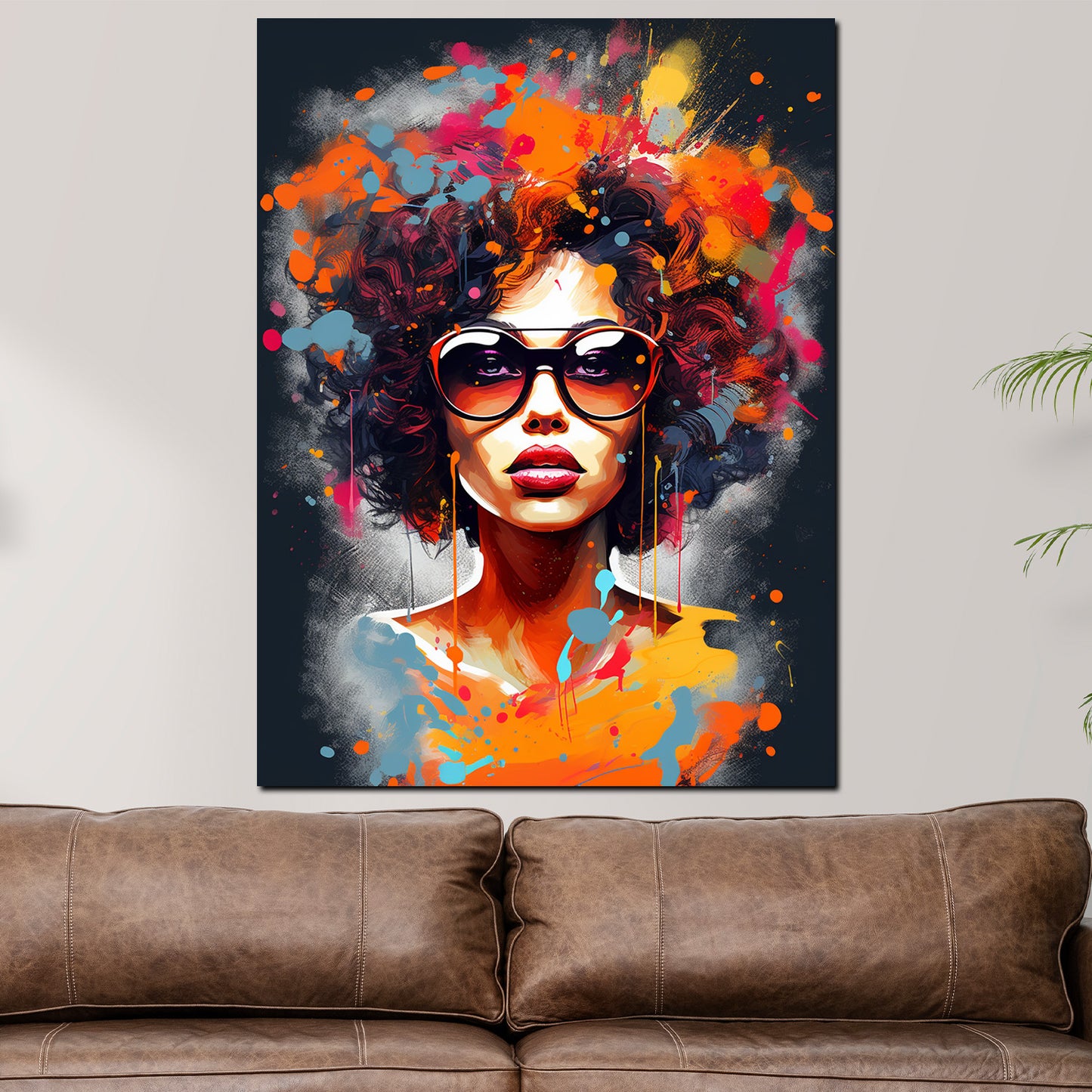 Afrikanische Frau mit Locken und Sonnenbrille Colour Style Wandbild Kunstwerk