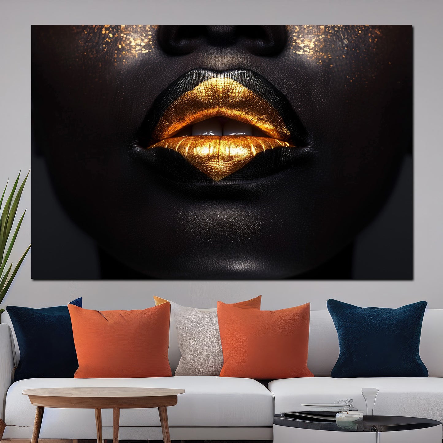 Black Women verführerische Lippen in Gold Wandbild Kunstwerk