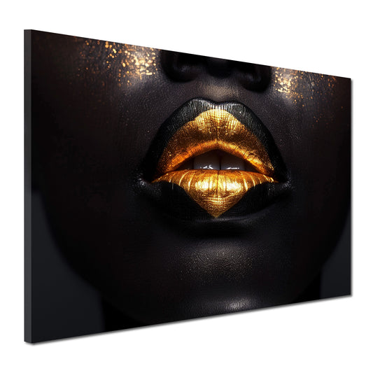 Black Women verführerische Lippen in Gold Wandbild Kunstwerk