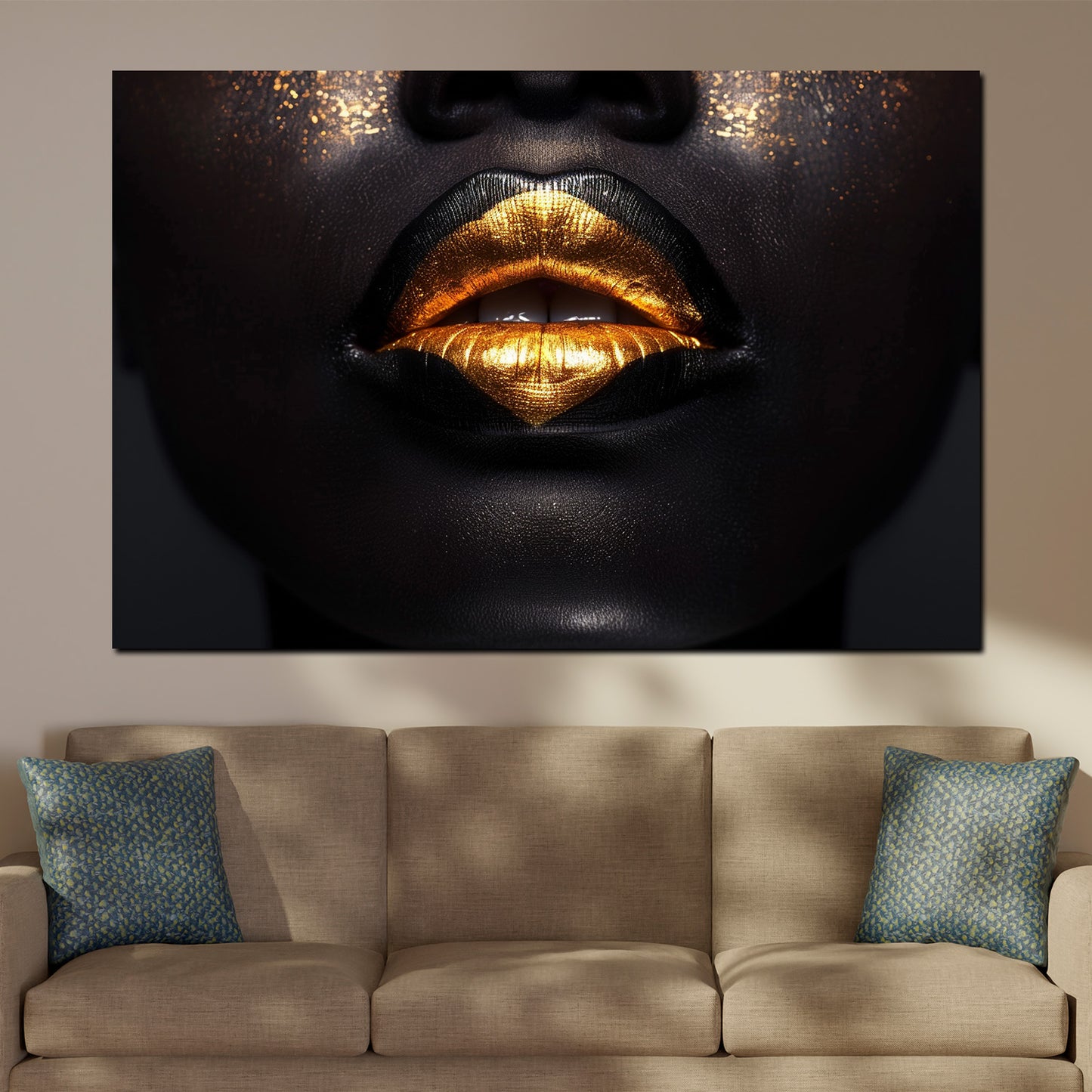 Black Women verführerische Lippen in Gold Wandbild Kunstwerk