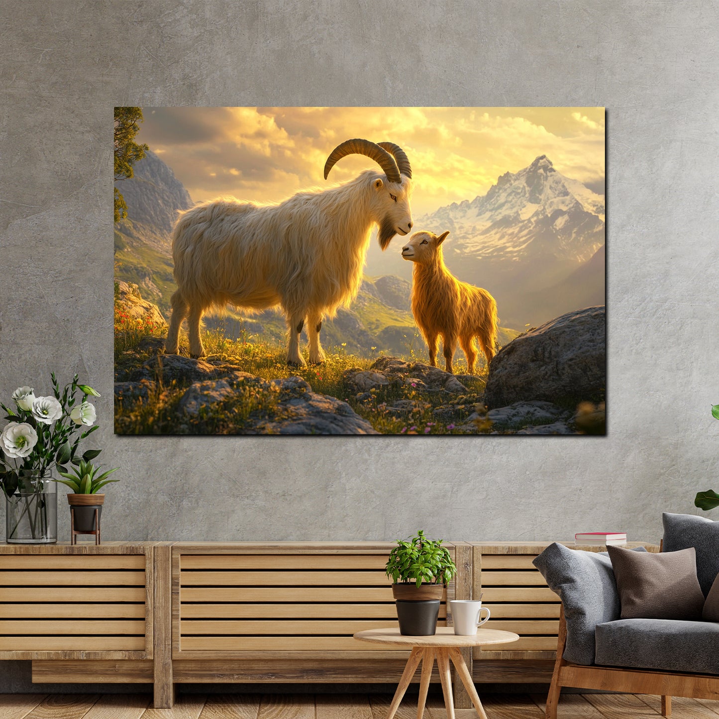Bergziegen im Sonnenuntergang Tiere Wandbild