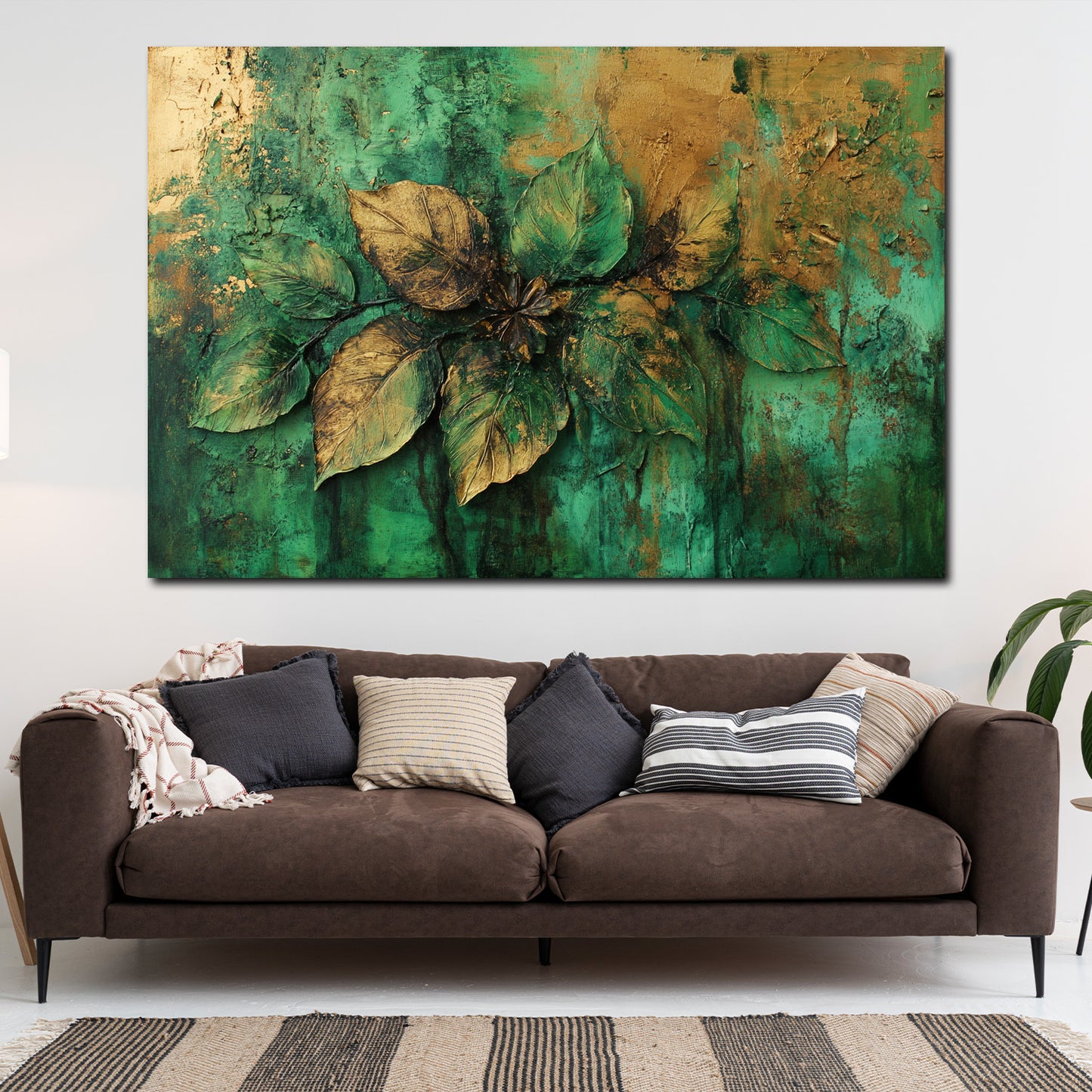 Blattstruktur Gold Grün Naturrelief abstrakt Wandbild