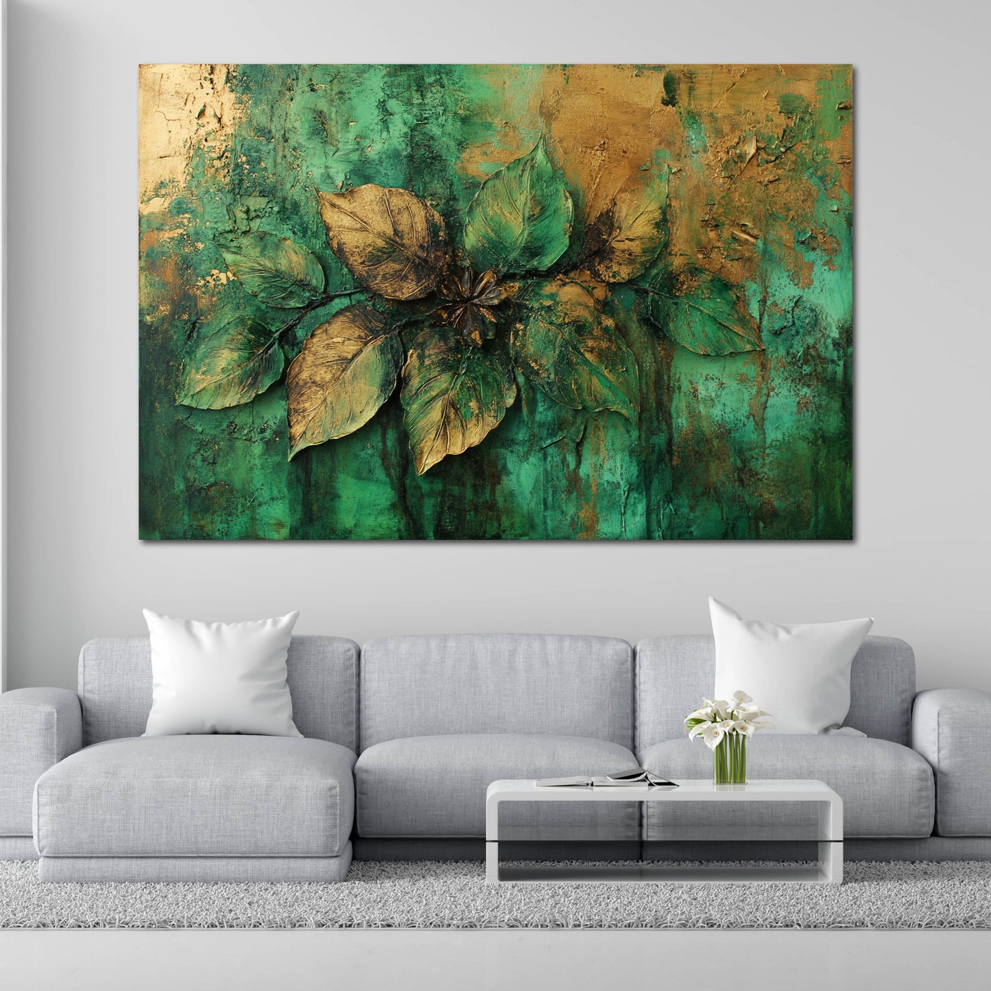 Blattstruktur Gold Grün Naturrelief abstrakt Wandbild