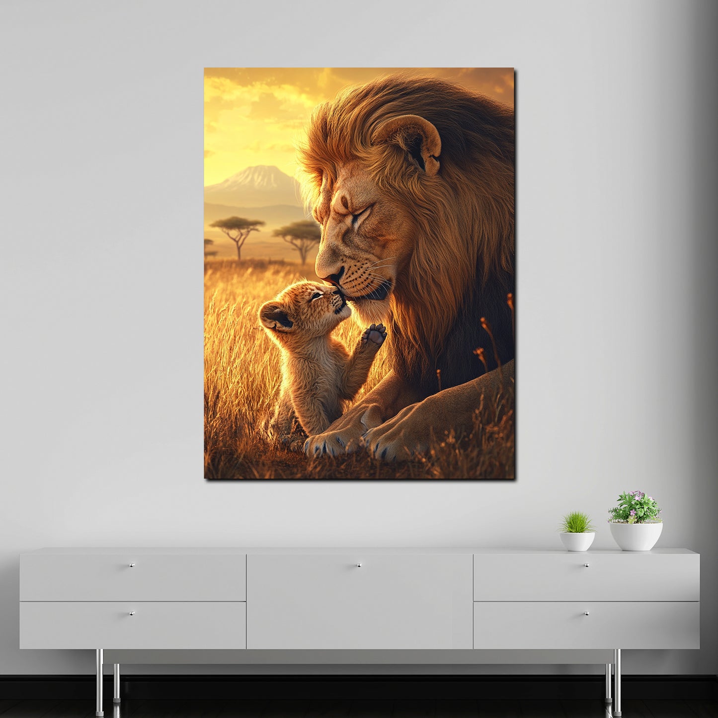 Löwenbaby mit Vater innige Tierliebe Wildnis Wandbild