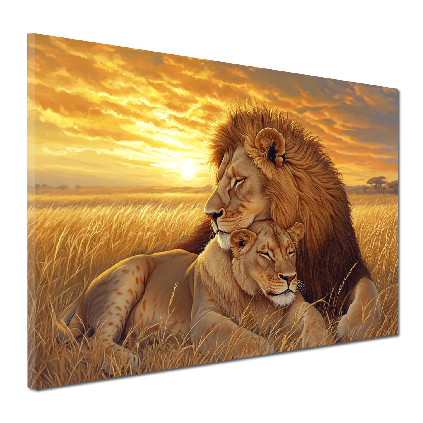 Löwenpaar im Sonnenuntergang Liebe Natur Wandbild