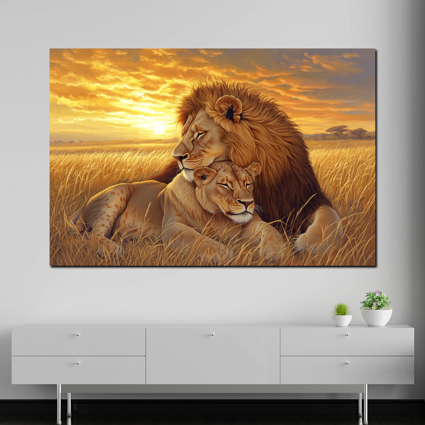 Löwenpaar im Sonnenuntergang Liebe Natur Wandbild
